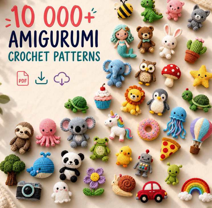 Colorful collection of amigurumi crochet animals and characters included in the pattern bundle